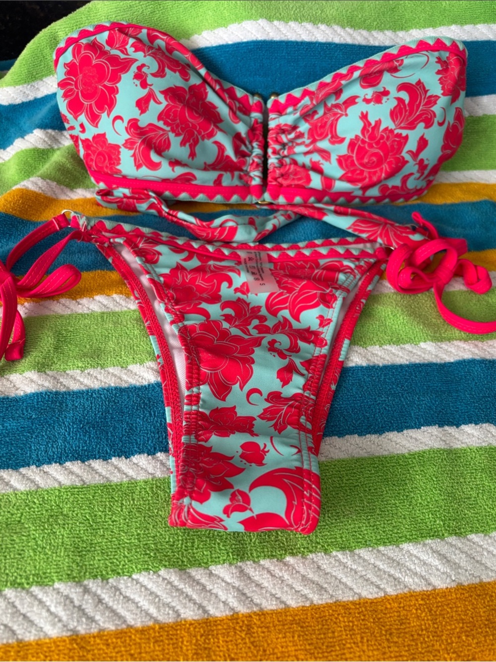 SHEIN Aqua and Hot Pink Floral Bandeau Bikini Set